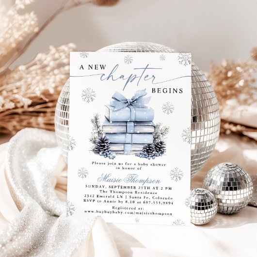 A New Chapter Begins Blue Bow Winter Baby Shower Kaart