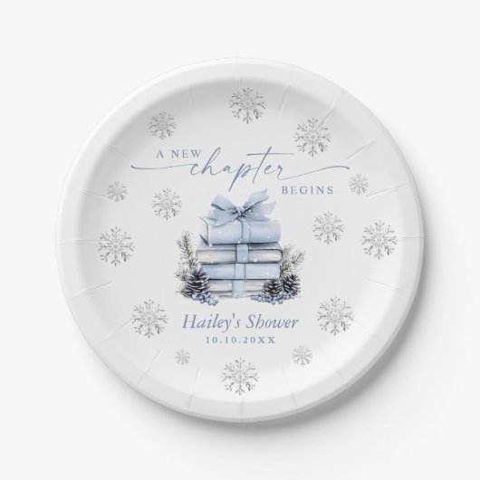 A New Chapter Begins, Blue Bow Winter Baby Shower Papieren Bordje (Voorkant)