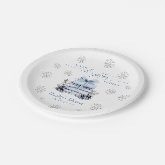 A New Chapter Begins, Blue Bow Winter Baby Shower Papieren Bordje (Gekanteld)