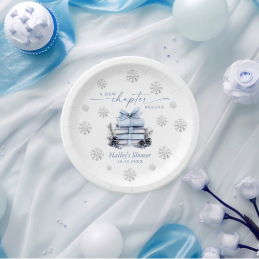 A New Chapter Begins, Blue Bow Winter Baby Shower Papieren Bordje