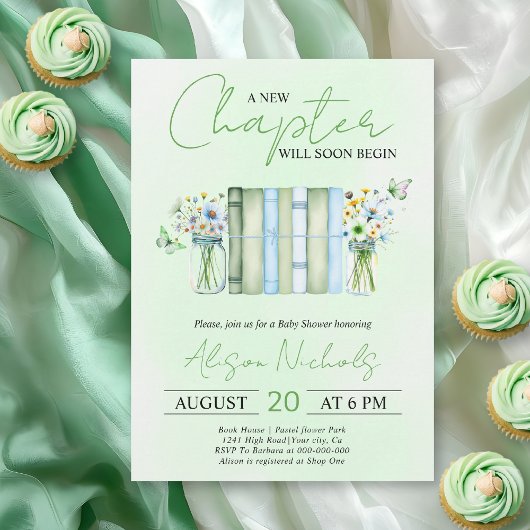 A New Chapter Begins bookneutral green baby shower Kaart