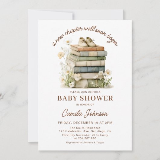 A New Chapter Begins Books Baby Shower Invitation Kaart (Voorkant)