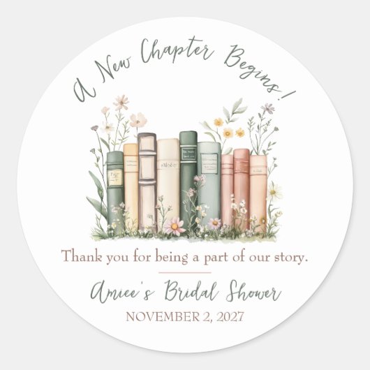 A New Chapter Begins! Bridal Shower Favor Ronde Sticker (Voorkant)