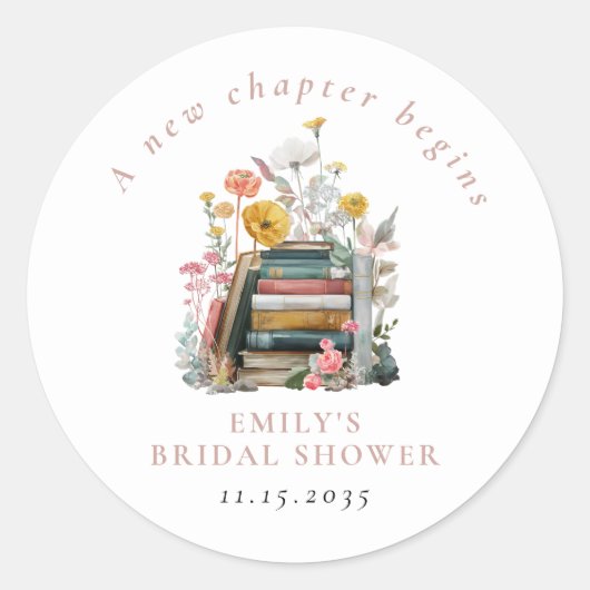 A New Chapter Begins Floral Books Bridal Shower Ronde Sticker (Voorkant)