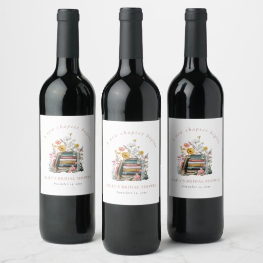 A New Chapter Begins Floral Books Bridal Shower Wijn Etiket (Flessen)