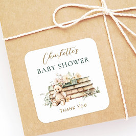 A New Chapter Floral Book Baby Shower Favor Vierkante Sticker
