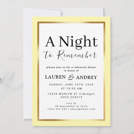 A Night to Remember Rehearsal Dinner Invitation Kaart (Voorkant)