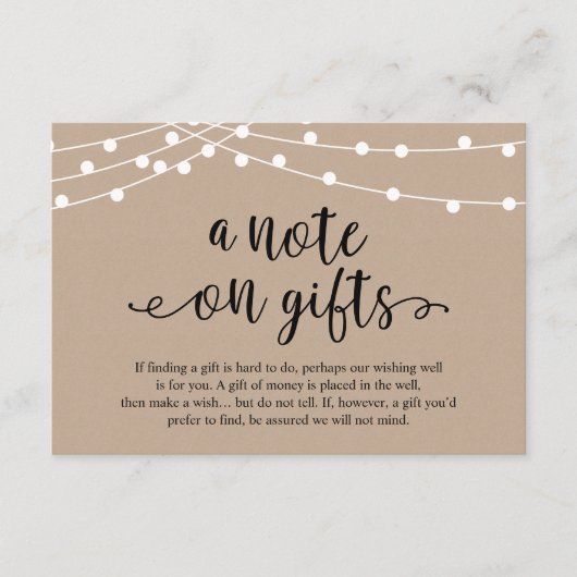 A Note On Gifts Rustic Wedding Kraft String Lights Informatiekaartje (Voorkant)