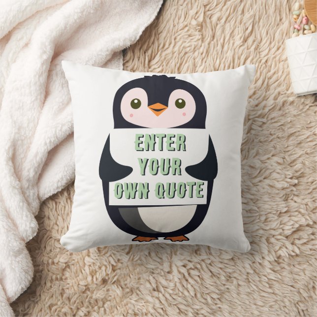A penguin holding a sign with customizable text kussen (Deken)