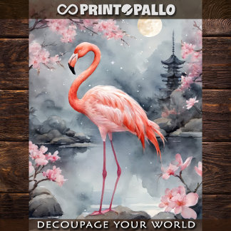 A pink flamingo in a japanese lake - Decoupage  Inpakpapier Vel