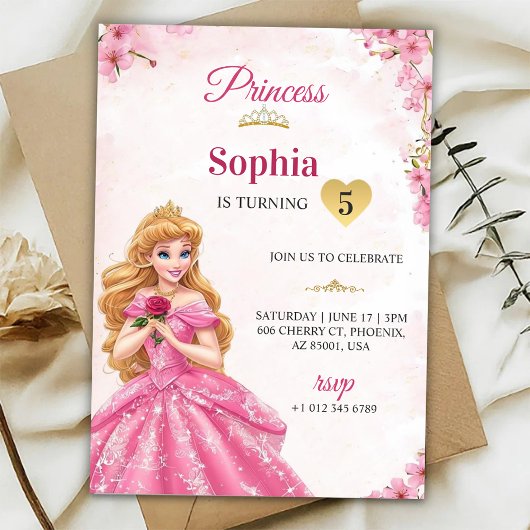 A pink princess-themed birthday invitation kaart