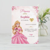 A pink princess-themed birthday invitation kaart (Staand voorkant)