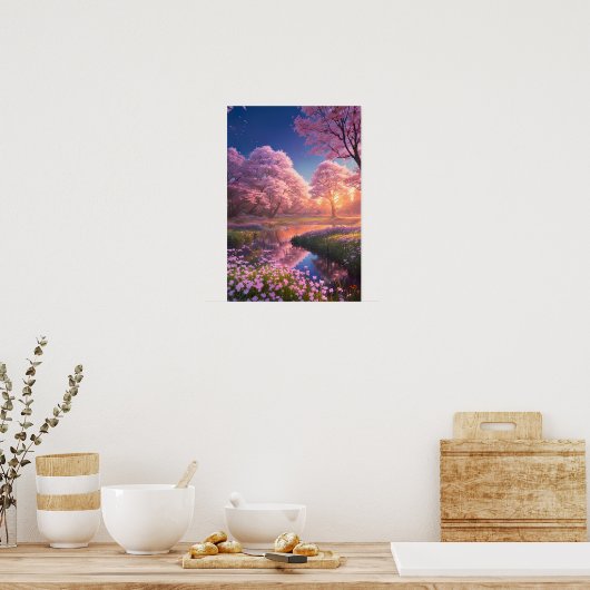 A Pink Sunset's Embrace of a Charming River Poster (Keuken)