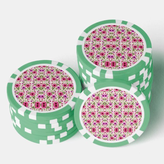 A poker chip with a floral pattern in pink  (Opstapeling)