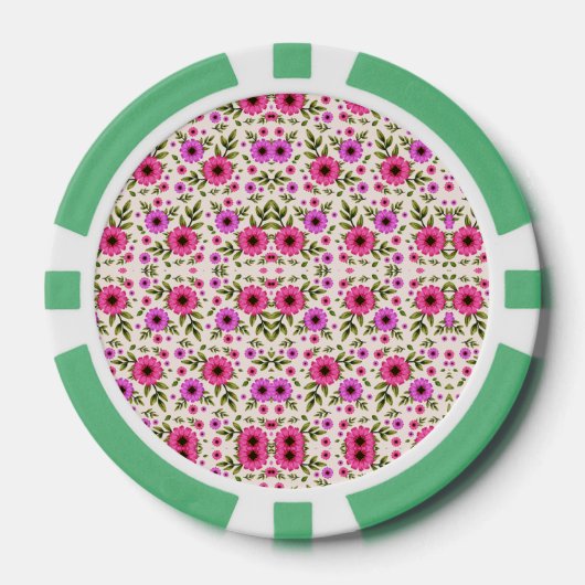 A poker chip with a floral pattern in pink  (Voorkant)