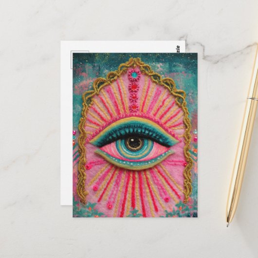 A Protective Evil Eye Felted Look Briefkaart (Voorkant / Achterkant in situ)