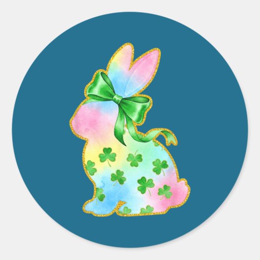 A Rainbow Rabbit With Green Bow And Shamrock St Pa Ronde Sticker (Voorkant)