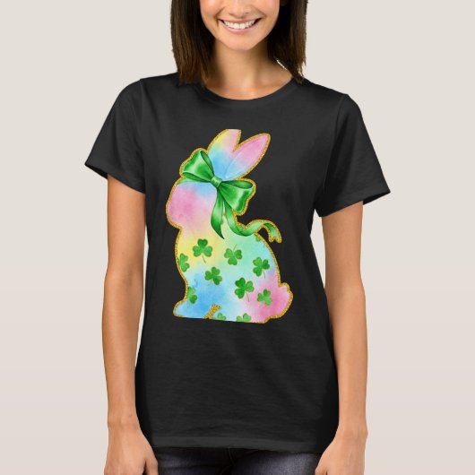 A Rainbow Rabbit With Green Bow And Shamrock St Pa T-shirt (Voorkant)