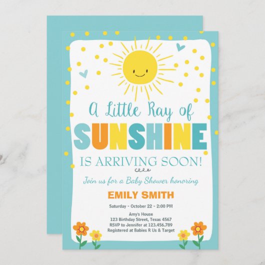 A Ray of Sunshine Baby shower uitnodiging Blue Boy (Voorkant / Achterkant)