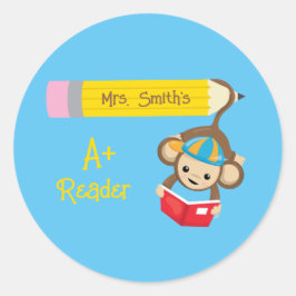 A+ Reader Monkey Reading Book Ronde Sticker