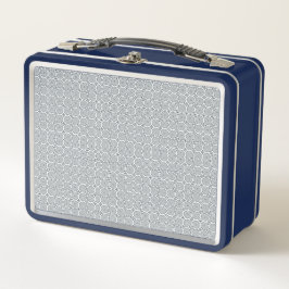 A rectangular blue and white lunchbox 