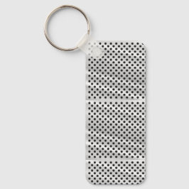 A rectangular keychain with a metal ring