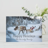 A reindeer pulling Santa Claus and his sleigh Feestdagenkaart (Staand voorkant)
