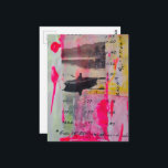 A Retro Boat Mixed Media Collage Pink Yellow Briefkaart<br><div class="desc">A collage made and photographed by Angelandspot in the year 2026 with vintage images from a magazine of a person in a boat and various textbook pages with pink and yellow paint</div>