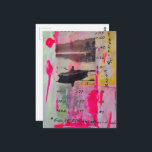 A Retro Boat Mixed Media Collage Pink Yellow Briefkaart<br><div class="desc">A collage made and photographed by Angelandspot in the year 2026 with vintage images from a magazine of a person in a boat and various textbook pages with pink and yellow paint</div>