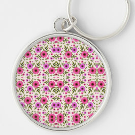 A round keychain featuring a colorful floral 