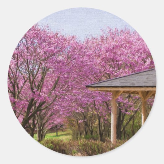 a row of cherry blossom trees and hut ronde sticker (Voorkant)