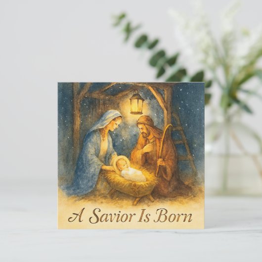 A Savior Is Born Nativity Christmas Holiday Card Feestdagenkaart (Staand voorkant)