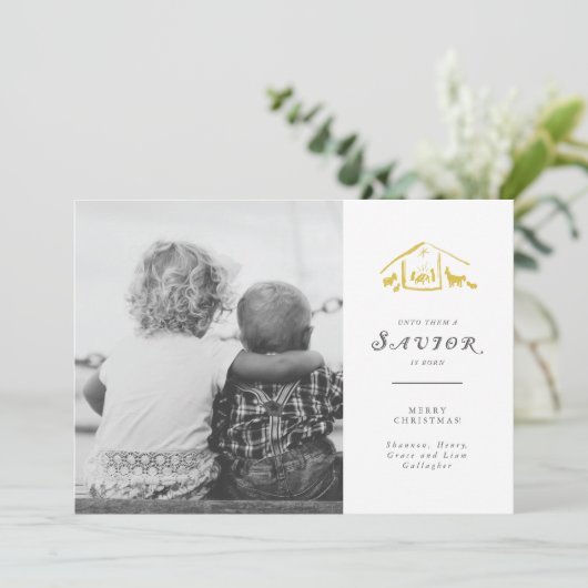 A Savior Is Born Vakantie Fotokaart - Gouden Feestdagenkaart (Staand voorkant)