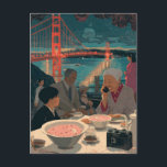 A Scenic Dinner at the Bridge Briefkaart<br><div class="desc">A collage made and photographed by Angelandspot in the year 2026 with vintage images from a magazine of a family eating dinner and a bridge and then turned into an illustration with an AI art generator</div>