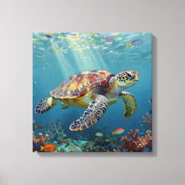 A Sea Turtle and Sun Rays in the Ocean Blue Canvas Afdruk