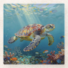 A Sea Turtle and Sun Rays in the Ocean Blue Glazen Onderzetter