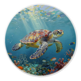 A Sea Turtle and Sun Rays in the Ocean Blue Keramische Knop