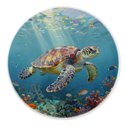 A Sea Turtle and Sun Rays in the Ocean Blue Keramische Knop (Voorkant)
