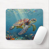 A Sea Turtle and Sun Rays in the Ocean Blue Muismat (Met muis)