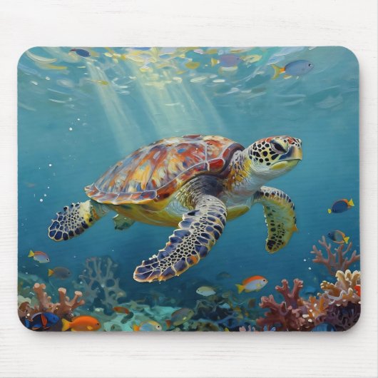 A Sea Turtle and Sun Rays in the Ocean Blue Muismat (Voorkant)