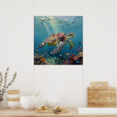 A Sea Turtle and Sun Rays in the Ocean Blue Poster (Keuken)