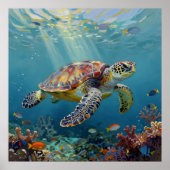 A Sea Turtle and Sun Rays in the Ocean Blue Poster (Voorkant)