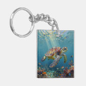 A Sea Turtle and Sun Rays in the Ocean Blue Sleutelhanger (Voorkant Links)