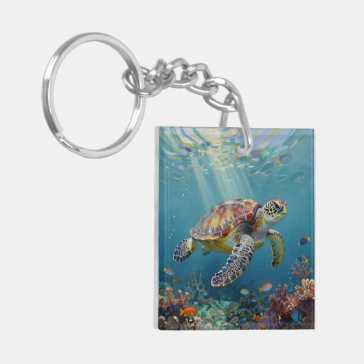A Sea Turtle and Sun Rays in the Ocean Blue Sleutelhanger (Voorkant Links)