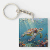 A Sea Turtle and Sun Rays in the Ocean Blue Sleutelhanger (Voorkant)