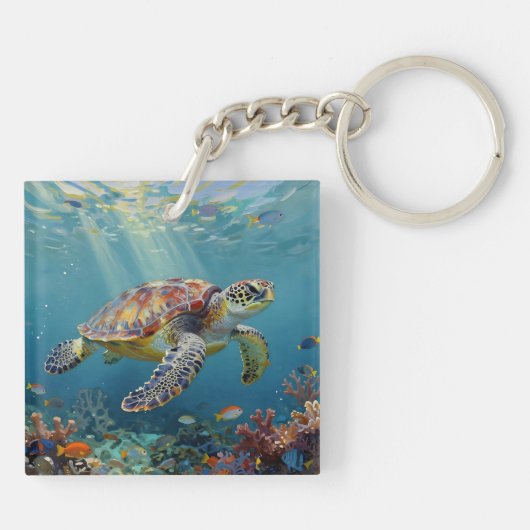 A Sea Turtle and Sun Rays in the Ocean Blue Sleutelhanger (Achterkant)