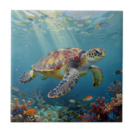 A Sea Turtle and Sun Rays in the Ocean Blue Tegeltje