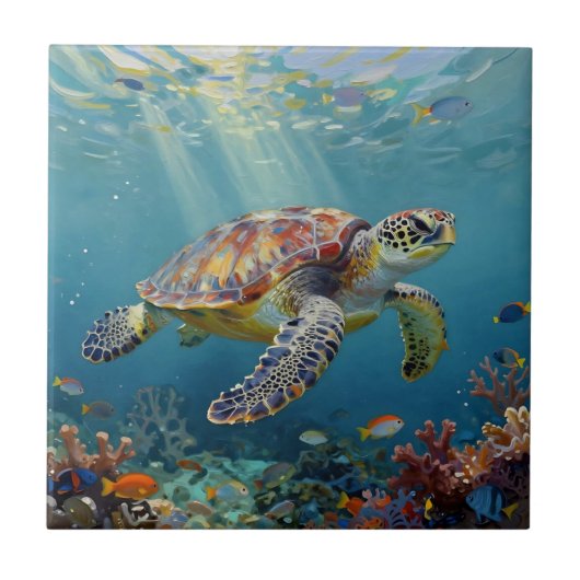 A Sea Turtle and Sun Rays in the Ocean Blue Tegeltje (Voorkant)