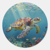 A Sea Turtle Themed Teal Ronde Sticker (Voorkant)