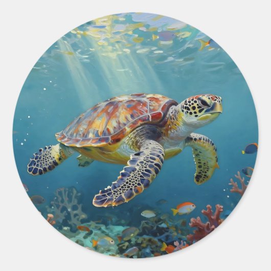A Sea Turtle Themed Teal Ronde Sticker (Voorkant)